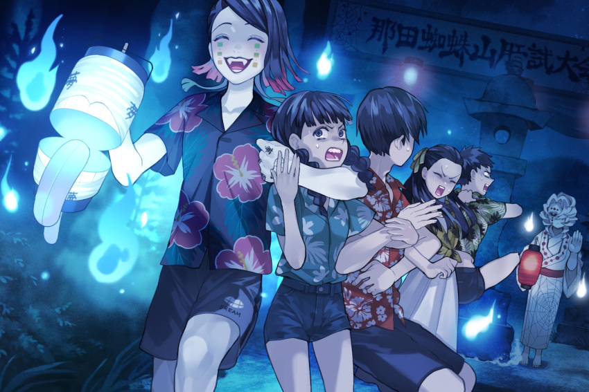 2girls 4boys adam's_apple arm_around_neck bangs barefoot black_hair black_sclera black_shirt black_shorts blue_fire body_writing braid braid_girl_(enmu's_recruits) chouchin_obake clothes_grab collared_shirt colored_sclera contemporary dark dress_shirt dutch_angle enmu_(kimetsu_no_yaiba) extra_mouth facial_mark facing_to_the_side facing_viewer fangs fire fleeing front-tie_top grabbing green_shirt grin hair_over_shoulder hair_pulled_back hair_ribbon half_updo hand_up haunted_house_(attraction) hawaiian_shirt highres holding holding_lantern indoors japanese_clothes kimetsu_no_yaiba kimono lantern laughing locked_arms long_hair long_sleeves mihashi_(re4_glo) multiple_boys multiple_girls obi one_eye_covered open_mouth print_shirt red_shirt restrained ribbon ribbon_girl_(enmu's_recruits) rui_(kimetsu_no_yaiba) sash scared shirt short_hair short_hair_with_long_locks short_sleeves shorts sideways_glance skirt smile stone_lantern sweat sweating_profusely tied_shirt tongue tongue_out tuberculosis_boy_(enmu's_recruits) twin_braids twintails wading walking waving white_kimono white_skirt yellow_kimono_boy_(enmu's_recruits) yellow_shirt