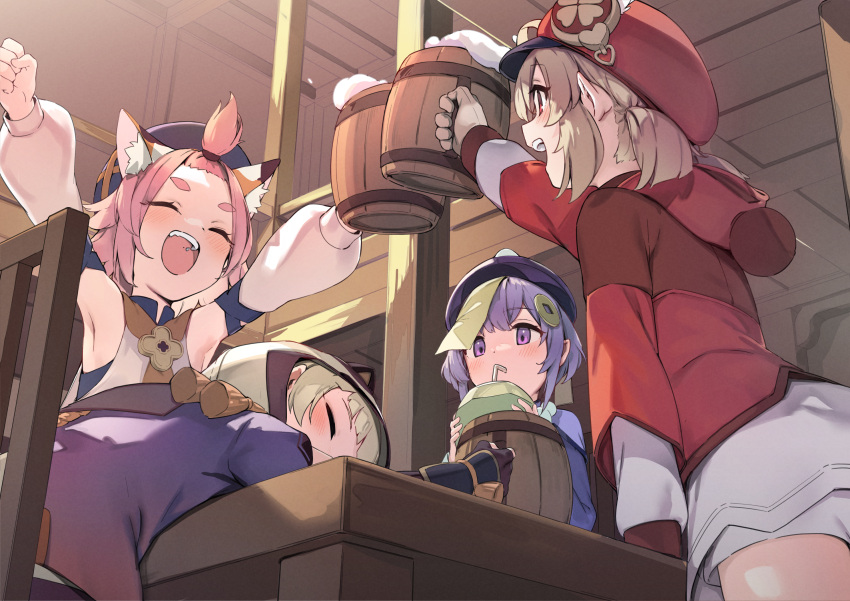 4girls animal_ear_fluff animal_ears arm_up armpits arms_up black_gloves black_headwear bloomers brown_hair cat_ears chair closed_eyes coin_hair_ornament cup detached_sleeves diona_(genshin_impact) drinking drinking_straw fingerless_gloves genshin_impact gloves hair_ornament hat head_on_table highres hood indoors japanese_clothes kimono klee_(genshin_impact) mug multiple_girls ofuda pink_hair pointy_ears purple_hair purple_headwear purple_kimono qiqi_(genshin_impact) red_headwear red_shirt sakimiya_mafu sayu_(genshin_impact) shirt short_hair short_kimono sitting skirt sleeping table toast_(gesture) topknot twintails underwear violet_eyes white_bloomers white_shirt white_skirt white_sleeves