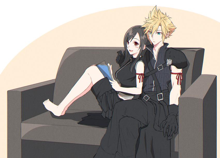 1boy 1girl apron arm_ribbon armor bare_shoulders barefoot black_hair black_shorts blonde_hair blue_eyes book breasts cloud_strife couch couple crop_top crossed_legs earrings feet final_fantasy final_fantasy_vii final_fantasy_vii_advent_children gloves highres holding holding_book jewelry large_breasts long_hair looking_at_another mizuamememe red_eyes ribbon shorts shoulder_armor sitting sleeveless spiky_hair tifa_lockhart waist_apron