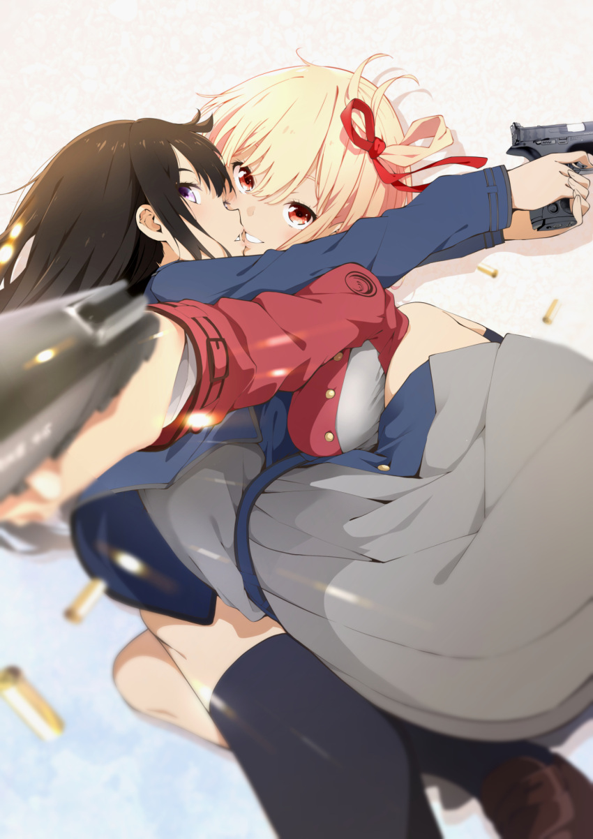 2girls bangs black_hair black_socks blonde_hair blue_dress bob_cut dress finger_on_trigger grey_dress gun hair_ribbon handgun hayashi_(l8poushou) highres holding holding_gun holding_weapon inoue_takina kiss kneehighs long_hair looking_at_viewer lycoris_recoil m1911 multiple_girls nishikigi_chisato pleated_dress red_dress red_eyes red_ribbon ribbon s&amp;w_m&amp;p school_uniform short_hair socks two-tone_dress violet_eyes weapon yuri