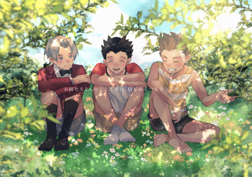 3boys :d absurdres ace_attorney barefoot black_bow black_bowtie black_hair black_shorts black_socks blue_sky bow bowtie brown_hair brown_shorts crossed_arms day grass grey_hair grey_shorts highres knee_up kneehighs larry_butz long_sleeves male_focus miles_edgeworth multiple_boys outdoors phoenix_wright shannai_(sugino16) shirt shorts sitting sky sleeveless sleeveless_shirt smile socks spiky_hair striped striped_shirt white_socks younger