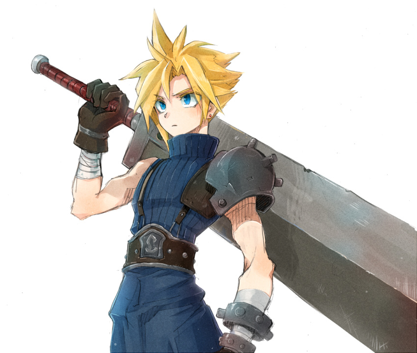 1boy armor bandaged_arm bandages belt blonde_hair blue_eyes blue_pants blue_shirt buster_sword cloud_strife cowboy_shot earrings final_fantasy final_fantasy_vii gloves hair_between_eyes holding holding_sword holding_weapon jewelry looking_to_the_side male_focus mare_(pixiv) over_shoulder pants shirt short_hair shoulder_armor single_earring sleeveless sleeveless_turtleneck solo spiky_hair suspenders sword turtleneck weapon weapon_over_shoulder white_background