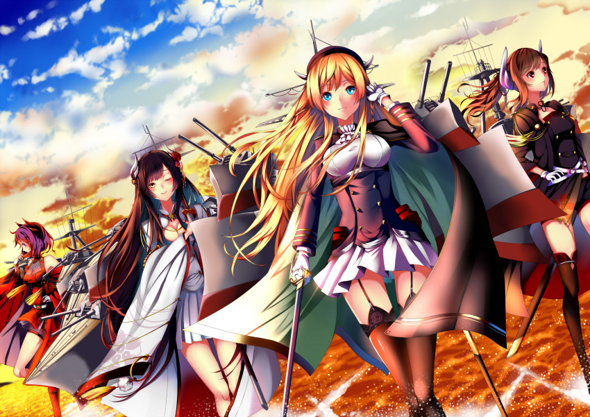 4girls 7hikarimahiro adjusting_clothes adjusting_gloves adjusting_scarf aiguillette ascot azur_lane backlighting bangs belt black_hair black_legwear blonde_hair blue_eyes blush braid breasts brown_hair cape cleavage cleavage_cutout cloak closed_mouth clouds collarbone curled_horns day detached_sleeves double-breasted drawing_sword expressionless eyebrows_visible_through_hair flower garter_straps gloves hair_between_eyes hair_flower hair_ornament hair_ribbon hand_up haruna_(azur_lane) hat hiei_(azur_lane) highres holding holding_sword holding_weapon horns jacket katana kirishima_(azur_lane) kongou_(azur_lane) large_breasts long_hair long_sleeves looking_at_viewer medium_breasts military multiple_belts multiple_girls open_mouth outdoors pleated_skirt purple_eyes red-framed_eyewear red_eyes ribbon rose saber_(weapon) scarf short_hair sidelocks skirt small_breasts smile sunset sword tassel taut_clothes thigh-highs thighs twintails uniform weapon white_gloves white_skirt wide_sleeves yellow_eyes