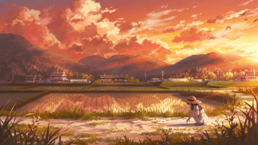1girl bird brown_hair building closed_eyes clouds commentary_request dress evening female_child grass gurafuru hat house long_hair mountain rice_paddy rural scenery short_sleeves solo squatting summer sun_hat sunset utility_pole white_dress wide_shot