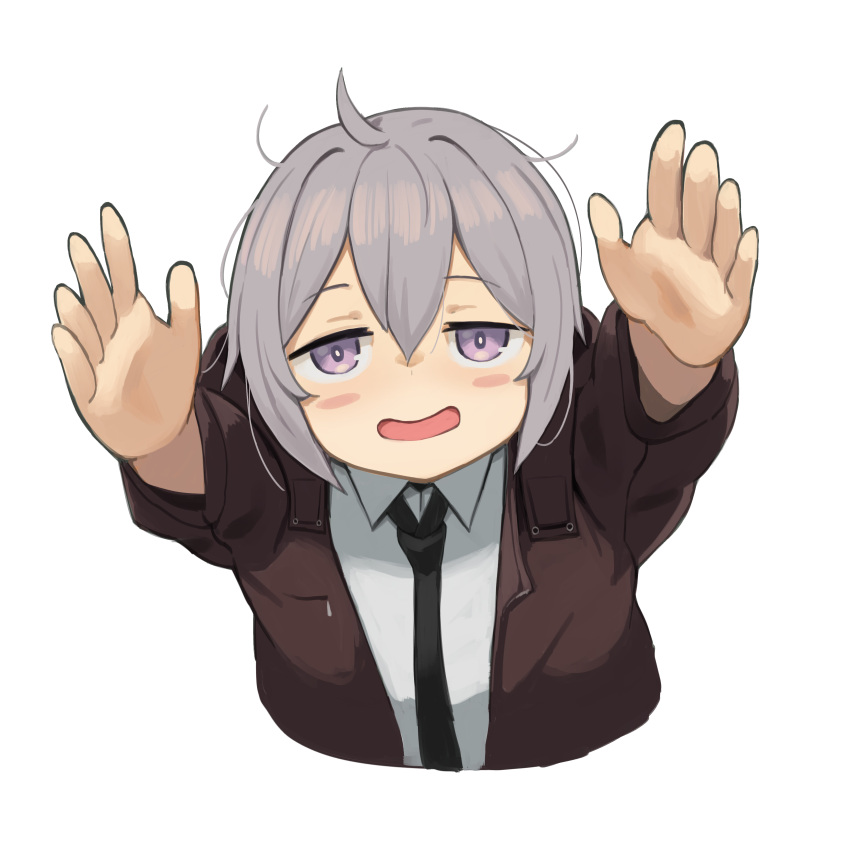 1girl absurdres ahoge bangs black_necktie blush collared_shirt cropped_torso english_commentary girls_frontline grey_hair grey_jacket hair_between_eyes hands_up highres jacket kion-kun long_sleeves looking_at_viewer m200_(girls'_frontline) necktie open_clothes open_jacket open_mouth outstretched_arms reaching_out shirt sidelocks simple_background skirt solo violet_eyes white_background white_shirt