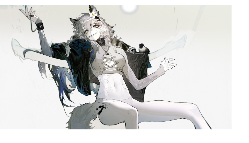 1girl animal_ears arknights chain collar dog_tags flower fur hair_flower hair_ornament head_tilt highres jewelry lappland_(arknights) long_hair looking_to_the_side nano_(c175311) navel pale_skin panties ring sitting solo spread_legs tail underwear white_hair wolf_ears wolf_tail