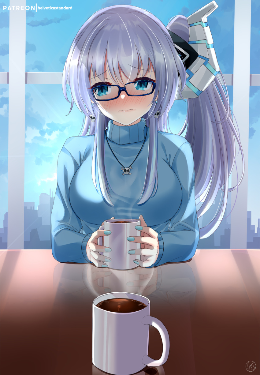 1girl alternate_costume alternate_hairstyle blue_eyes blue_hair blue_nails blue_sweater blush breasts closed_mouth commentary_request cup day earrings embarrassed glasses hair_between_eyes helvetica_std highres holding holding_cup horns hot_drink indoors jewelry kiseijou_rei large_breasts long_hair looking_at_viewer necklace neptune_(series) patreon_username reflection side_ponytail single_horn skull_earrings skull_necklace solo sweater turtleneck turtleneck_sweater upper_body