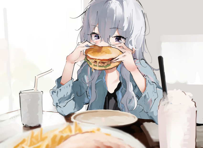1girl bangs bendy_straw black_shirt blue_jacket blurry blurry_foreground blush burger character_request commentary_request cup depth_of_field disposable_cup drinking_straw eating food french_fries grey_hair hair_between_eyes hands_up holding holding_food indoors jacket lamb_(hitsujiniku) long_hair long_sleeves open_clothes open_jacket plate shirt solo upper_body urasekai_picnic violet_eyes