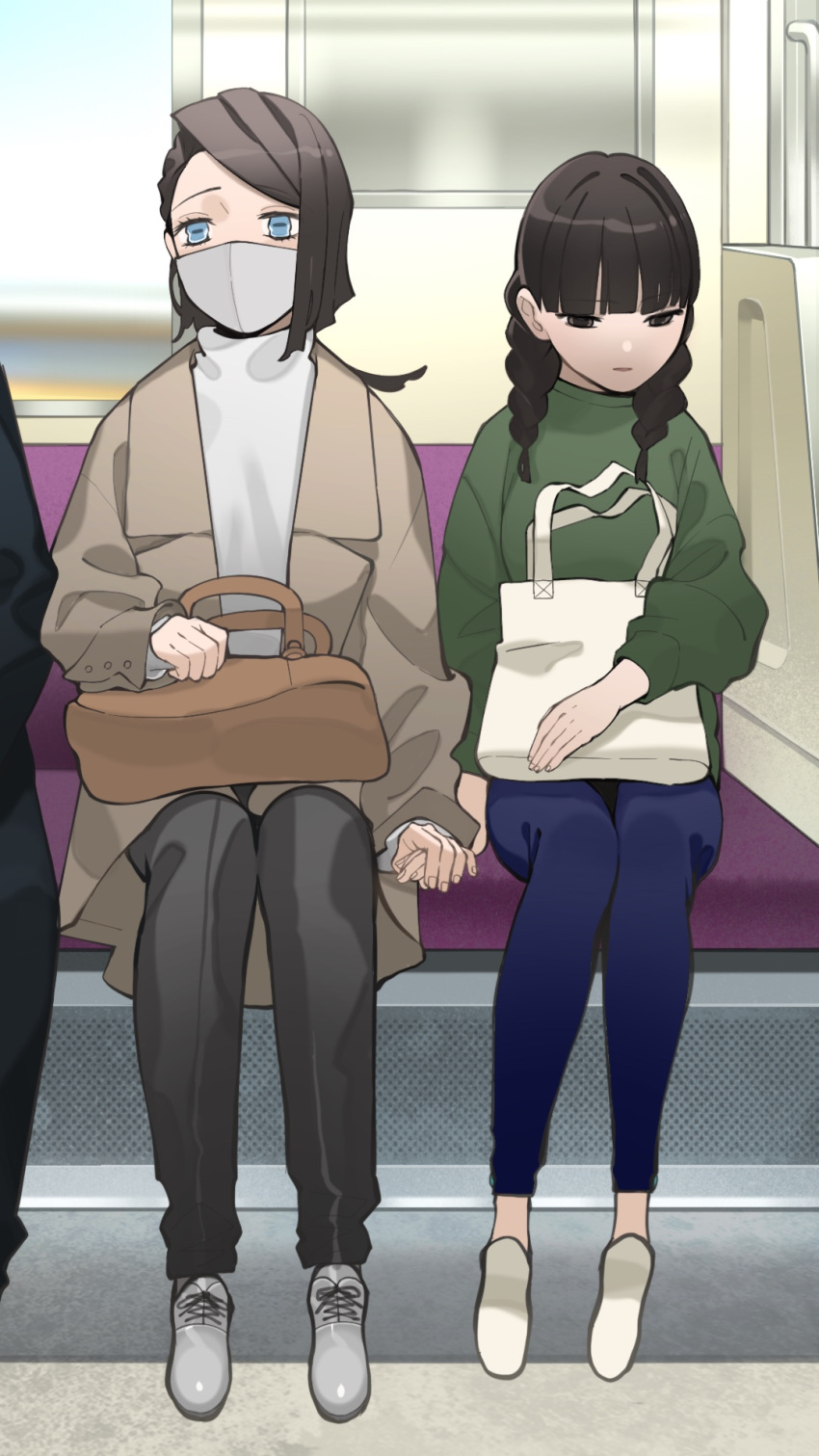 1boy 1girl bag bangs black_eyes black_hair blue_eyes blunt_bangs blush braid braid_girl_(enmu's_recruits) breasts brown_coat closed_mouth coat contemporary couple covered_mouth cross-laced_footwear enmu_(kimetsu_no_yaiba) eyelashes foot_dangle full_body green_sweater grey_footwear grey_pants hair_over_shoulder hand_grab hetero highres holding_hands horizontal_pupils kimetsu_no_yaiba long_hair long_sleeves looking_away looking_down looking_to_the_side mask mihashi_(re4_glo) mouth_mask out_of_frame pants seat short_hair_with_long_locks side-by-side sitting sweater train_interior turtleneck turtleneck_sweater twin_braids twintails white_footwear white_sweater