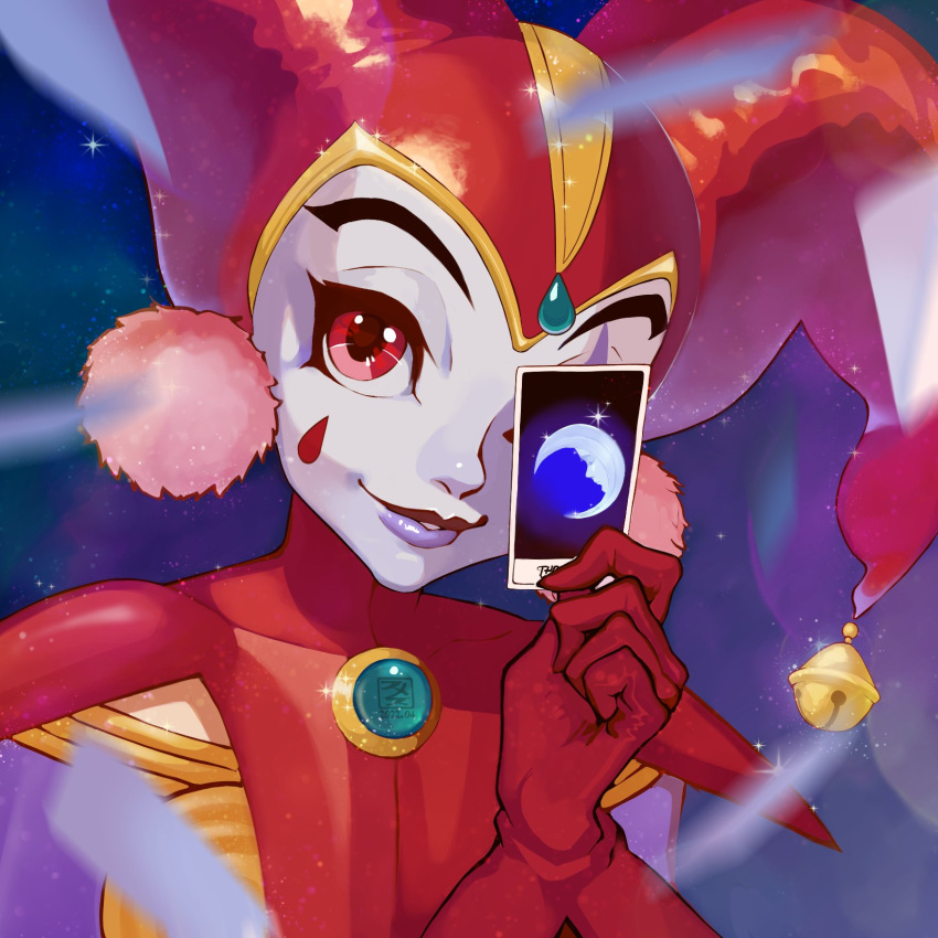 1girl bell card chrono_cross clown crescent_moon earrings facepaint falling_card fumezu1 gem gloves harle_(chrono_cross) harlequin hat highres holding holding_card jester_cap jewelry looking_at_viewer moon one_eye_covered parted_lips pom_pom_(clothes) pom_pom_earrings purple_lips red_eyes red_gloves red_headwear smile solo tarot teardrop_facial_mark upper_body