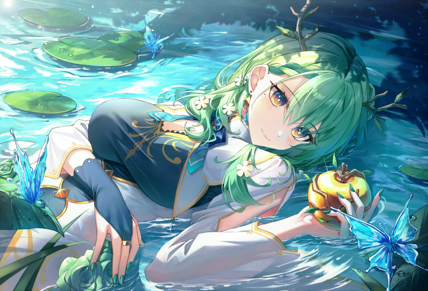 1girl apple bangs branch breasts bug butterfly ceres_fauna day flower food fruit golden_apple grass green_hair hair_flower hair_ornament highres hololive hololive_english horns in_water leaf looking_to_the_side lying medium_breasts medium_hair nature on_back outdoors pond smile star-ring sunlight waves wavy_hair yellow_eyes