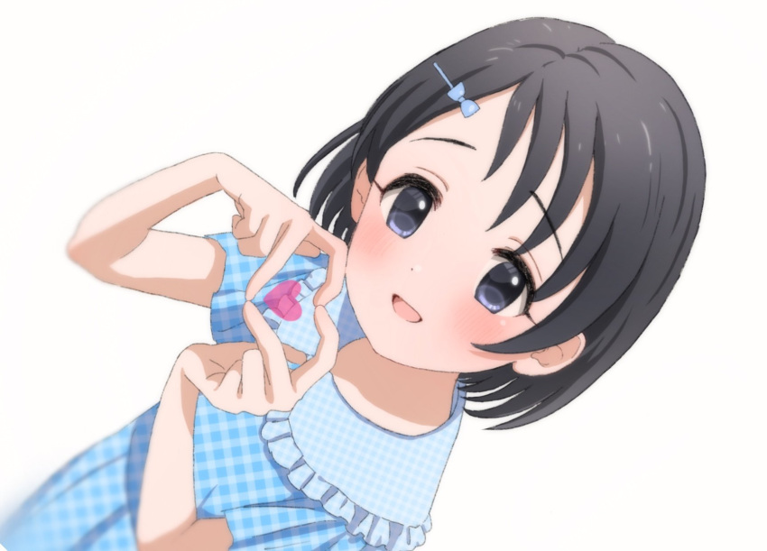 1girl bangs black_eyes black_hair blue_dress blush checkered_clothes checkered_dress child collar commentary dot_nose dress flat_chest frilled_collar frills hair_ornament hairclip hands_up heart heart_hands highres idolmaster idolmaster_cinderella_girls looking_at_viewer megabee_e open_mouth sasaki_chie short_hair short_sleeves smile solo symbol-only_commentary upper_body white_background