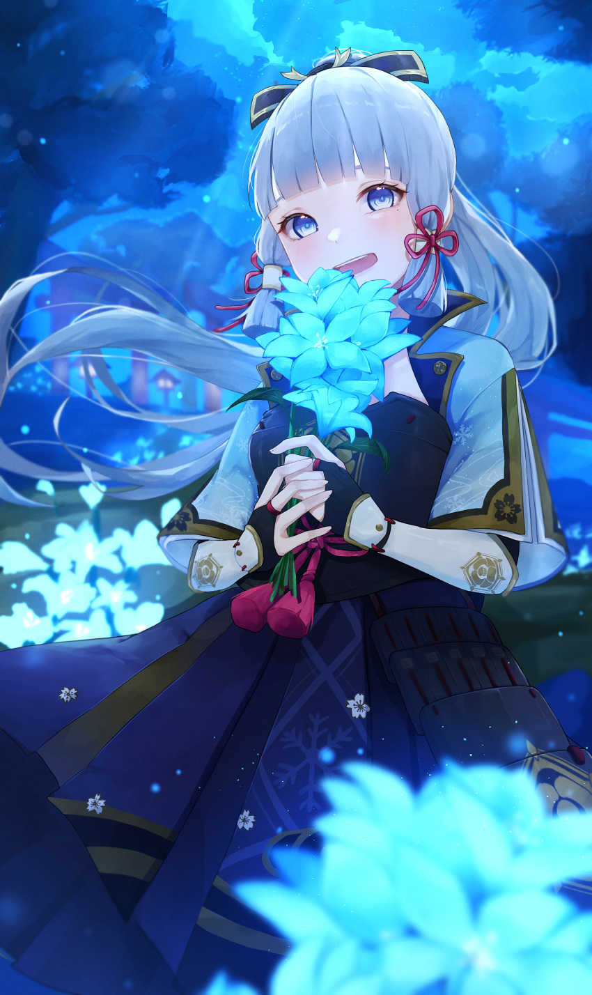 1girl absurdres armor bangs blue_eyes blue_skirt blunt_bangs bouquet commentary cowboy_shot flower genshin_impact hair_ribbon highres holding holding_bouquet japanese_clothes kamisato_ayaka light_blue_hair long_hair looking_at_viewer m_tsuyoi mole mole_under_eye open_mouth ponytail red_ribbon ribbon skirt smile solo symbol-only_commentary tress_ribbon