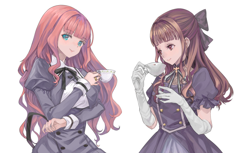 2girls absurdres aqua_eyes arm_under_breasts assault_lily bangs black_bow black_dress black_ribbon black_skirt blunt_bangs bow breasts brown_eyes brown_hair buttons closed_mouth commentary_request cosplay cropped_jacket cup dress elbow_gloves fingernails frilled_sleeves frills gloves hair_bow half_updo hand_on_own_elbow hands_up head_tilt high-waist_skirt highres holding holding_cup izawa_mikako jewelry juliet_sleeves kaede_johan_nouvel kaede_johan_nouvel_(cosplay) large_breasts long_hair long_sleeves looking_at_another looking_at_viewer multiple_girls neck_ribbon official_alternate_costume puffy_short_sleeves puffy_sleeves real_life ribbon ring school_uniform see-through shirt short_sleeves sidelocks skirt smile standing teacup two-tone_ribbon upper_body very_long_hair voice_actor voice_actor_connection wavy_hair wednesday_(starsilver) white_gloves white_ribbon white_shirt yurigaoka_girls_academy_school_uniform