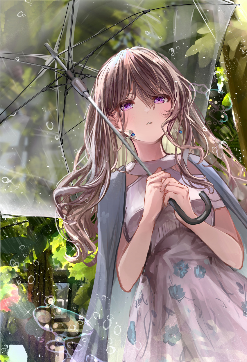 1girl absurdres bangs bare_shoulders blush brown_hair dress earrings english_commentary eyelashes floral_print green_jacket hair_between_eyes highres holding holding_umbrella jacket jacket_on_shoulders jewelry long_hair looking_away original outdoors parted_lips puracotte rain short_sleeves solo transparent transparent_umbrella tree twintails umbrella violet_eyes water white_dress
