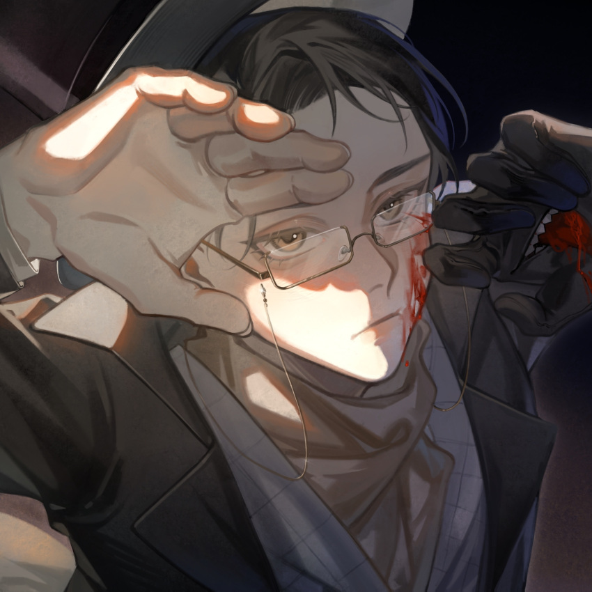 1boy arms_up bangs black_gloves black_hair black_headwear black_jacket blood blood_on_face brown_eyes chinese_commentary commentary_request covering_eyes dark glasses gloves hands_on_own_face highres jacket klein_moretti lips looking_up lord_of_the_mysteries nail scarf shaded_face shadow sharp_teeth shiqi274 short_hair solo sunlight teeth tongue vest