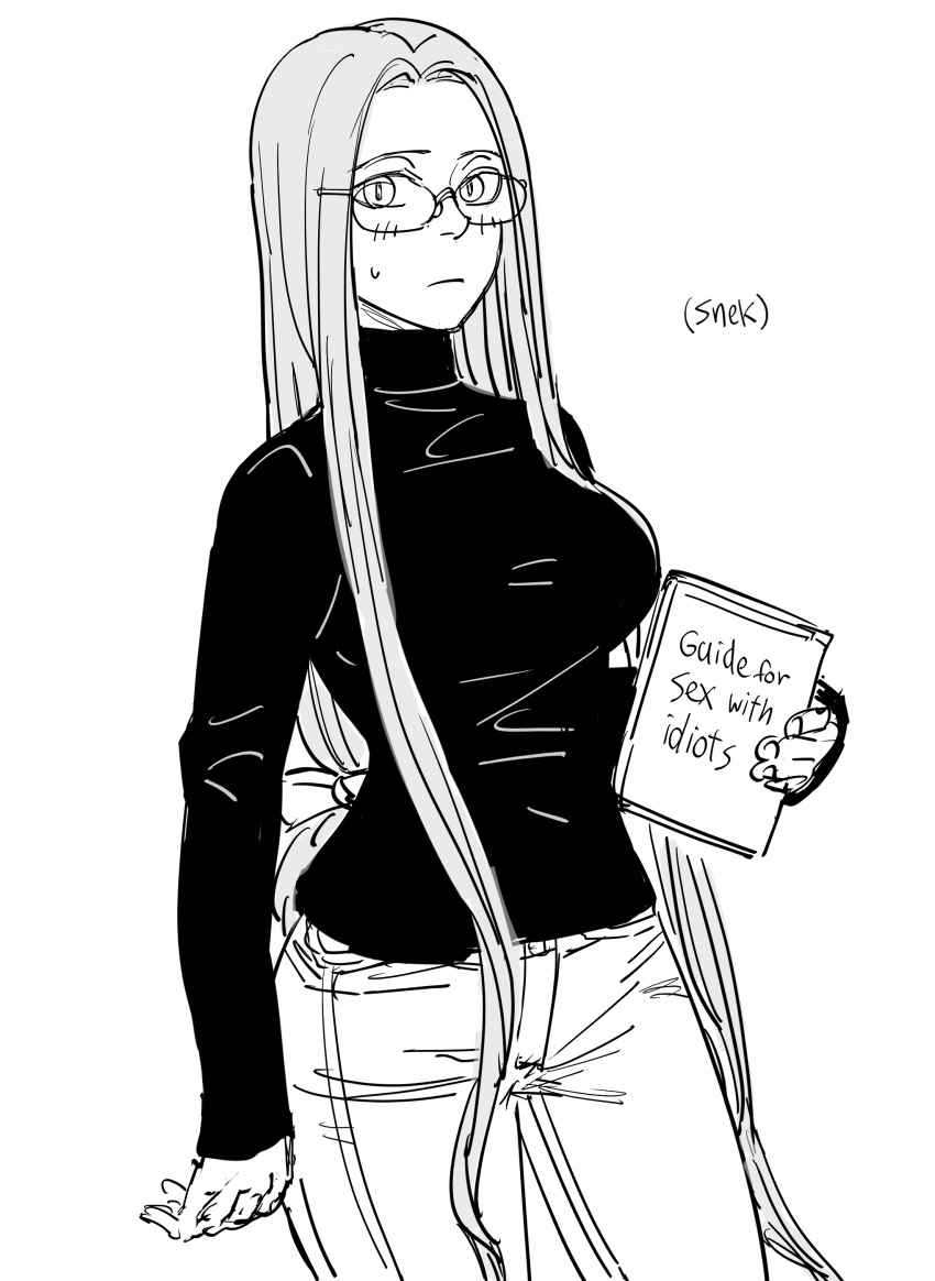 1girl absurdres bb_(baalbuddy) blush book breasts denim english_text fate/stay_night fate_(series) glasses greyscale highres holding holding_book jeans long_hair medusa_(fate) medusa_(rider)_(fate) monochrome pants simple_background solo turtleneck white_background