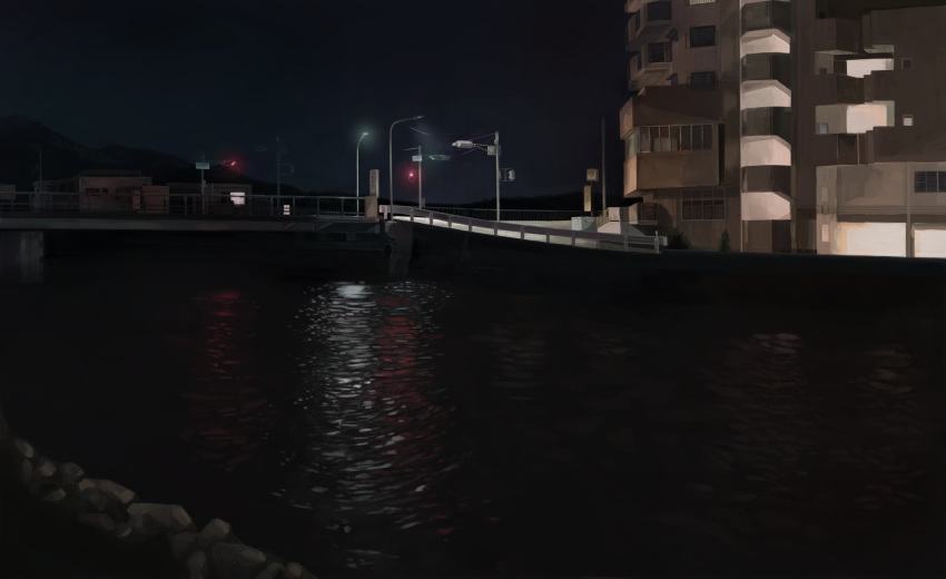 bridge building commentary_request highres kiyama lamppost mountain night night_sky no_humans original outdoors reflection river scenery sky traffic_light water