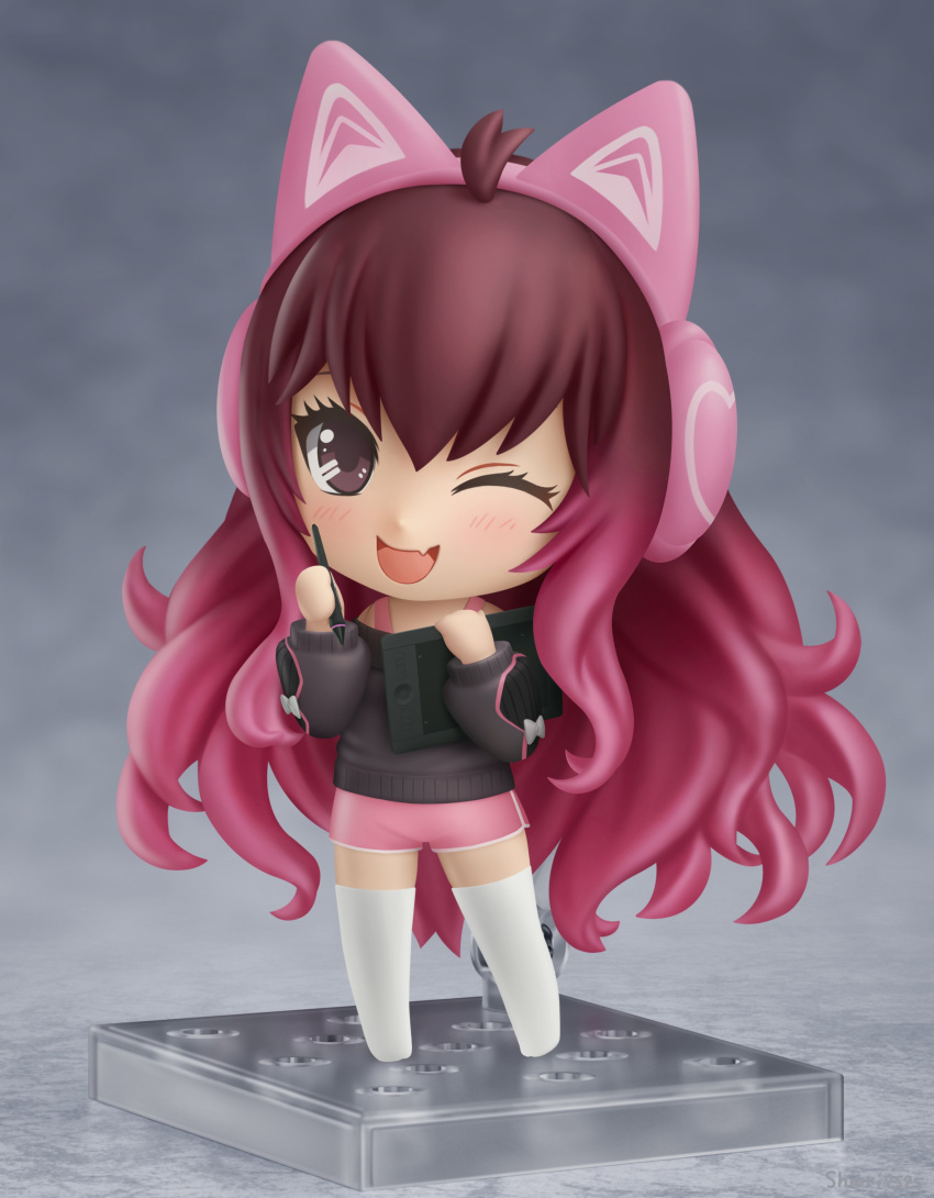 1girl absurdres ahoge black_sweater blush bra_strap brown_eyes brown_hair cat_ear_headphones character_request chibi commission fang faux_figurine gradient_hair headphones highres holding holding_tablet_pc indie_virtual_youtuber long_hair multicolored_hair nendoroid off-shoulder_sweater off_shoulder one_eye_closed open_mouth pink_hair pink_shorts second-party_source shiori2525 shorts skin_fang smile solo stylus sweater tablet_pc thigh-highs virtual_youtuber wavy_hair white_thighhighs