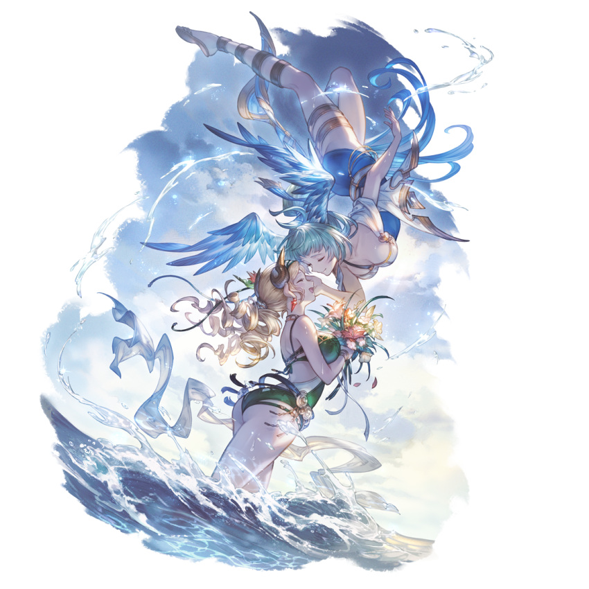 2girls ass blonde_hair blue_eyes blue_hair breasts cape choker clouds dangle_earrings draph dress earrings flower granblue_fantasy happy head_wings horns jewelry justice_(granblue_fantasy) large_breasts long_hair looking_at_viewer maria_theresa_(granblue_fantasy) multiple_girls official_art pointy_ears shawl smile swimsuit transparent_background upside-down very_long_hair water