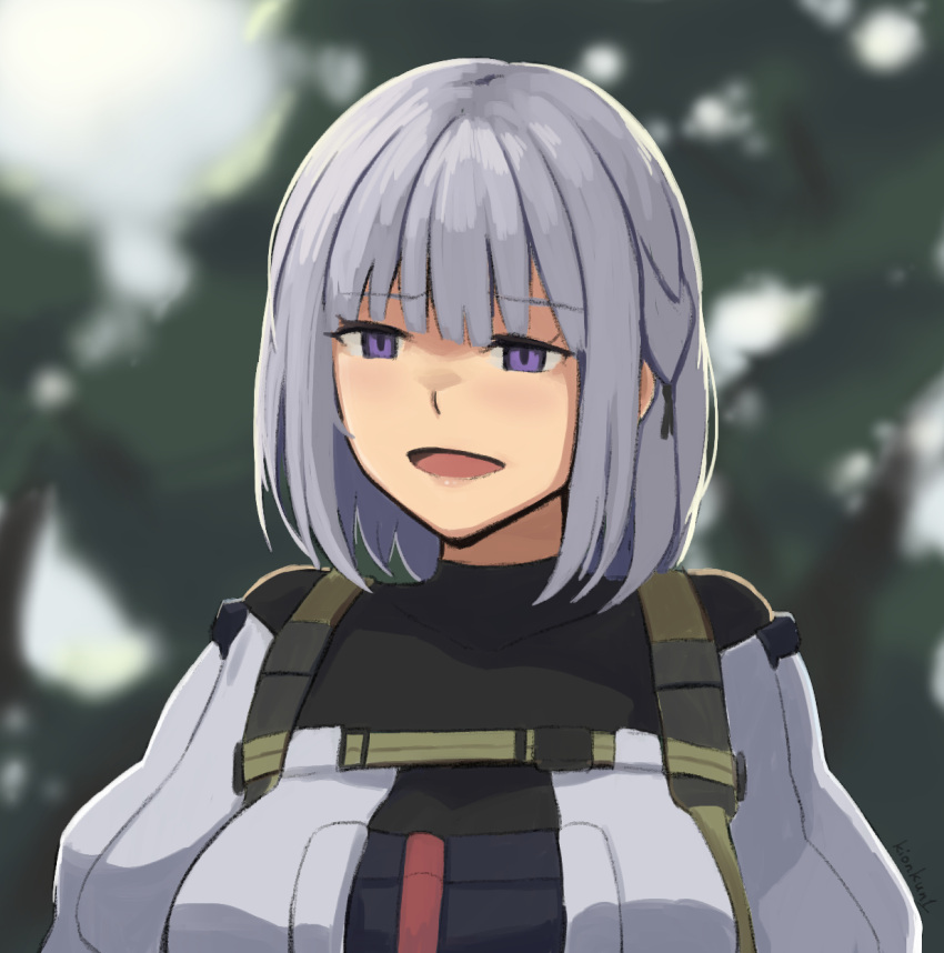 1girl bangs blunt_bangs blurry blurry_background breasts collarbone english_commentary girls_frontline grey_hair highres kion-kun medium_hair open_mouth outdoors rpk-16_(girls'_frontline) solo upper_body violet_eyes