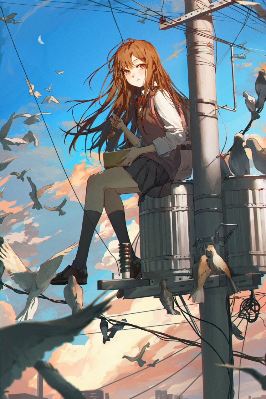 1girl backpack bag bangs bento bird black_socks bow bowtie brown_eyes brown_hair brown_vest chewing chopsticks closed_mouth food grey_skirt highres holding holding_chopsticks kellymonica02 long_hair original outdoors red_bow red_bowtie school_uniform sitting skirt sky socks utility_pole vest