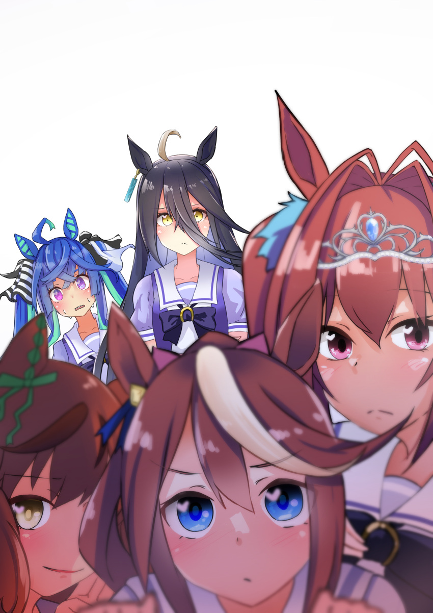 5girls @_@ absurdres ahoge animal_ears antenna_hair bangs blue_eyes bow bowtie brown_hair collarbone colored_inner_hair comiket_100 cover cover_page daiwa_scarlet_(umamusume) earrings hair_between_eyes hair_intakes heterochromia highres horse_ears horse_girl horseshoe_ornament jewelry kamisu_yu light_brown_hair long_bangs long_hair looking_at_viewer manhattan_cafe_(umamusume) multicolored_hair multiple_girls nice_nature_(umamusume) puffy_short_sleeves puffy_sleeves purple_bow purple_bowtie purple_shirt red_eyes sailor_collar sailor_shirt school_uniform sharp_teeth shirt short_sleeves simple_background single_earring summer_uniform sweat sweating_profusely teeth tiara tokai_teio_(umamusume) tracen_school_uniform twin_turbo_(umamusume) twintails two-tone_hair umamusume violet_eyes white_background white_sailor_collar yellow_eyes