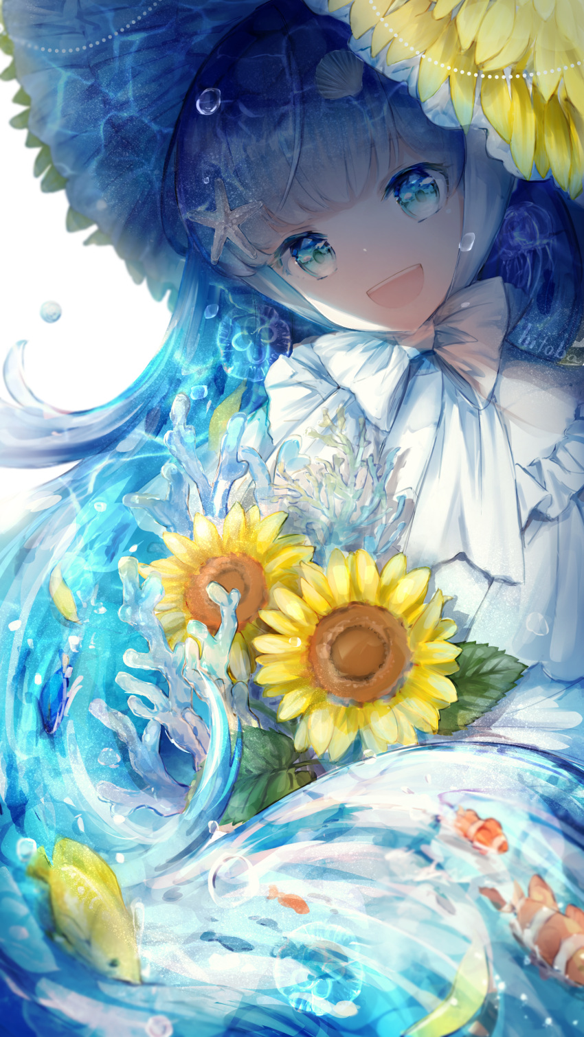 1girl :d absurdres blue_eyes bow bowtie caustics clownfish commentary coral flower hat hi_to_ba highres holding holding_flower looking_at_viewer original shell_hair_ornament smile starfish sunflower symbol-only_commentary water white_bow white_bowtie