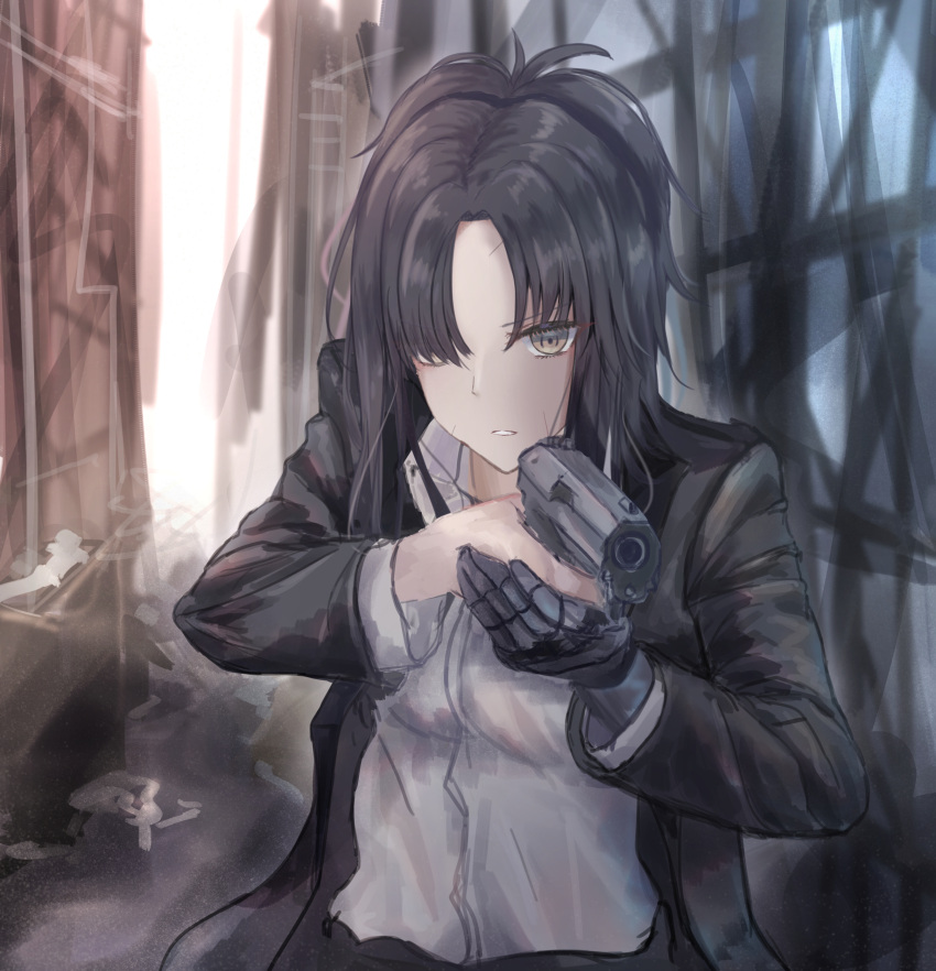 1girl absurdres aiming angelia_(girls'_frontline) bangs black_hair black_jacket breasts brown_eyes collared_shirt commentary_request expressionless girls_frontline gun hair_over_one_eye handgun highres holding holding_gun holding_weapon jacket long_hair long_sleeves looking_at_viewer martinreaction mechanical_arms medium_hair open_clothes open_jacket outdoors parted_lips shirt sidelocks single_mechanical_arm solo upper_body weapon white_shirt