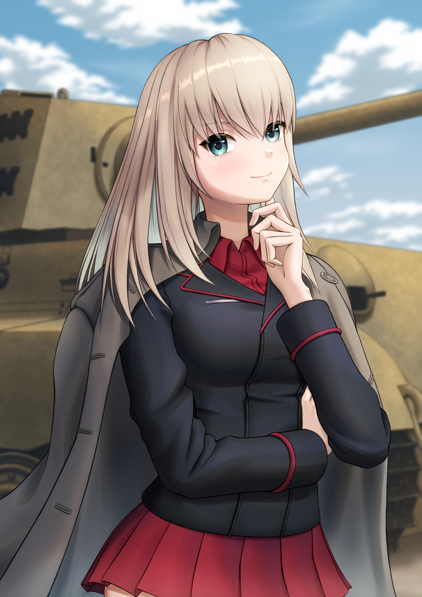 1girl absurdres bangs black_jacket blue_eyes blue_sky blurry blurry_background closed_mouth clouds coat coat_on_shoulders commentary day depth_of_field dress_shirt finger_to_own_chin girls_und_panzer grey_coat grey_hair ground_vehicle hand_on_own_arm highres itsumi_erika jacket kuromorimine_military_uniform long_sleeves looking_at_viewer medium_hair military military_uniform military_vehicle miniskirt motor_vehicle outdoors pleated_skirt prefecture54 red_shirt red_skirt shirt skirt sky smile solo standing tank tiger_ii trench_coat uniform wing_collar