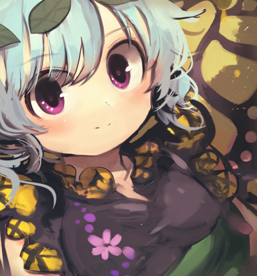 1girl andanon aqua_hair blush butterfly_wings closed_mouth dress eternity_larva fairy green_dress hair_between_eyes highres leaf leaf_on_head multicolored_clothes multicolored_dress short_hair short_sleeves smile solo touhou upper_body violet_eyes wings