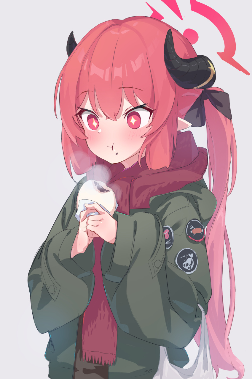 1girl absurdres bangs baozi black_ribbon blue_archive blush eating food green_jacket grey_background hair_between_eyes hair_ribbon highres holding hood hood_down hooded_jacket horns jacket junko_(blue_archive) long_hair long_sleeves pink_eyes pointy_ears red_scarf redhead ribbon scarf simple_background solo steam twintails upper_body wep16night