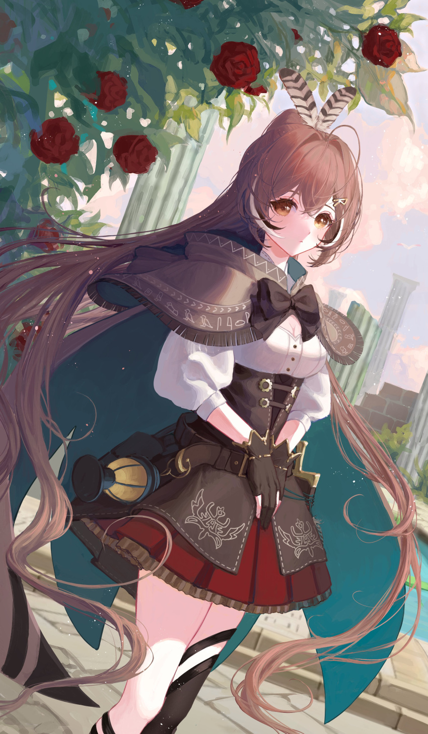 1girl absurdres ahoge amasatousuya asymmetrical_legwear bangs belt brown_capelet brown_cloak brown_corset brown_eyes brown_hair bush cape capelet cloak clouds cloudy_sky corset dagger feather_hair_ornament feathers flower gloves hair_ornament hairclip highres hololive hololive_english knee_strap kneehighs knife lantern long_hair looking_at_viewer multicolored_hair nanashi_mumei partially_fingerless_gloves pleated_skirt ponytail pouch red_skirt ribbon rose ruins shirt single_kneehigh single_sock single_thighhigh skirt sky socks streaked_hair thigh-highs thigh_strap very_long_hair virtual_youtuber weapon white_shirt