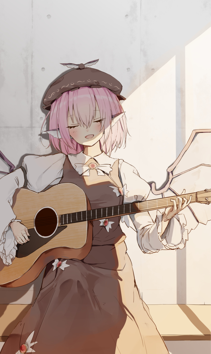 1girl absurdres animal_ears bird_ears bird_wings blush brown_dress brown_headwear closed_eyes dress frilled_sleeves frills guitar hair_between_eyes hat highres holding holding_instrument instrument long_sleeves music mystia_lorelei open_mouth pink_hair playing_instrument pocche-ex short_hair smile solo touhou white_wings wide_sleeves winged_hat wings