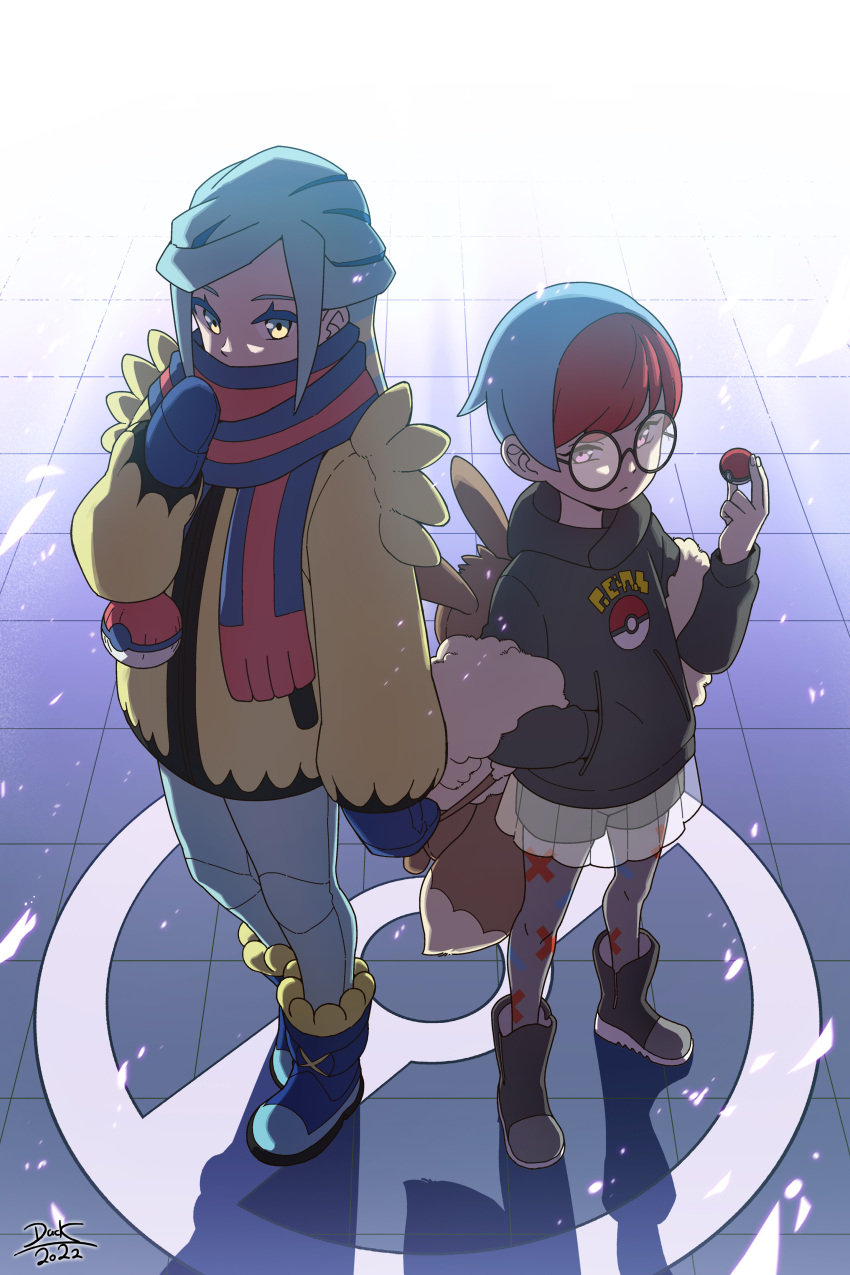 1boy 1girl absurdres backpack bag black-framed_eyewear blue_footwear blue_hair blue_mittens boots brown_bag commentary_request eevee eyelashes glasses grusha_(pokemon) hand_in_pocket hand_up hau_duck highres holding holding_poke_ball hood hoodie jacket long_hair long_sleeves multicolored_hair pantyhose penny_(pokemon) poke_ball poke_ball_(basic) pokemon pokemon_(game) pokemon_sv redhead round_eyewear scarf scarf_over_mouth see-through see-through_skirt shorts skirt standing themed_object tile_floor tiles two-tone_hair yellow_jacket