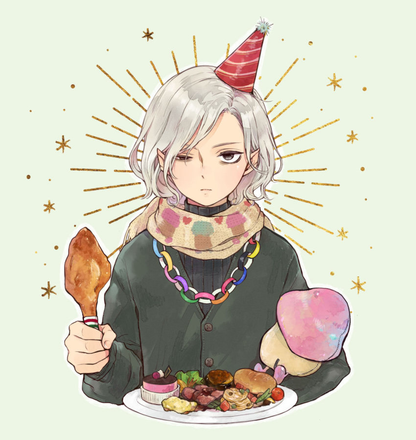 1boy chicken_leg cupcake dungeon_meshi food grey_eyes grey_hair half-closed_eye hat highres male_focus medium_hair mithrun mushroom party_hat plate pointy_ears sami_(3a3i3a3i) scarf solo tilted_headwear unamused upper_body