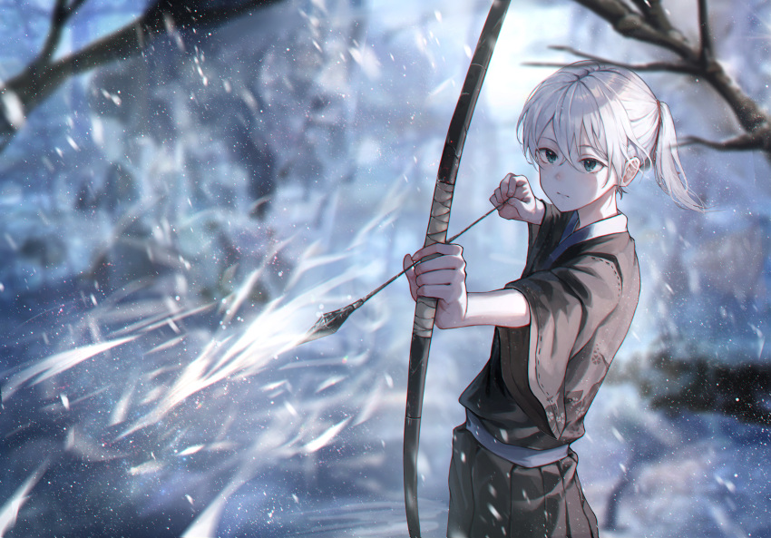 1boy absurdres arrow_(projectile) bangs bow_(weapon) child closed_mouth commentary commentary_request green_eyes highres holding holding_bow_(weapon) holding_weapon japanese_clothes male_child male_focus original ponytail scenery short_hair short_sleeves simo_(user_fshg3833) solo standing weapon white_hair