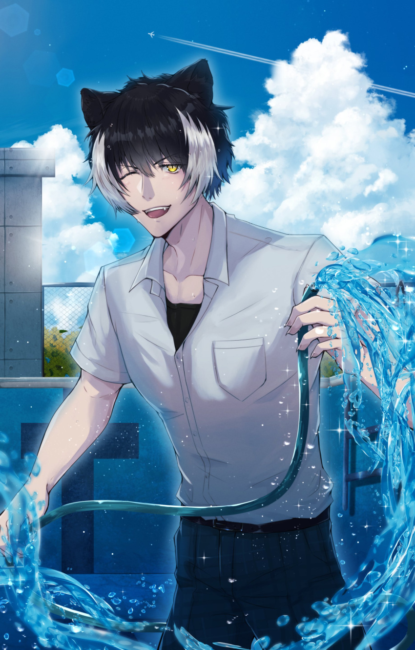 1boy ;d absurdres alternate_costume animal_ears bangs black_hair black_pants black_undershirt breast_pocket chain-link_fence clouds collared_shirt commentary cowboy_shot day empty_pool fang fence fingernails hair_between_eyes highres holding holding_hose holostars hose jackal_boy jackal_ears kageyama_shien lens_flare looking_at_viewer male_focus multicolored_hair one_eye_closed open_collar pants pocket pool pool_ladder sasago335 school_uniform sharp_fingernails shirt short_hair short_sleeves smile solo sparkle teeth two-tone_hair upper_teeth virtual_youtuber water white_hair white_shirt yellow_eyes