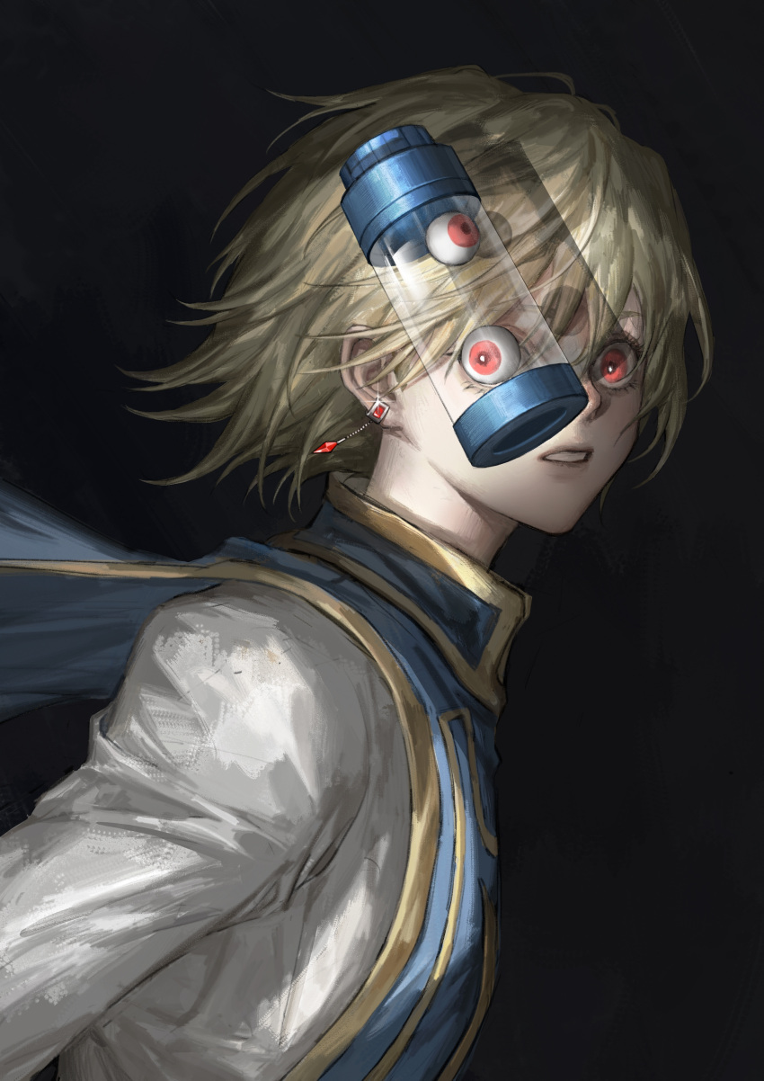 1boy absurdres black_background blue_tabard earrings eyeball floating_clothes floating_hair from_side highres hunter_x_hunter jewelry kurapika long_sleeves looking_at_viewer looking_to_the_side male_focus one_eye_covered parted_lips red_eyes shirt short_hair simple_background solo tabard tube upper_body white_shirt yangshu893
