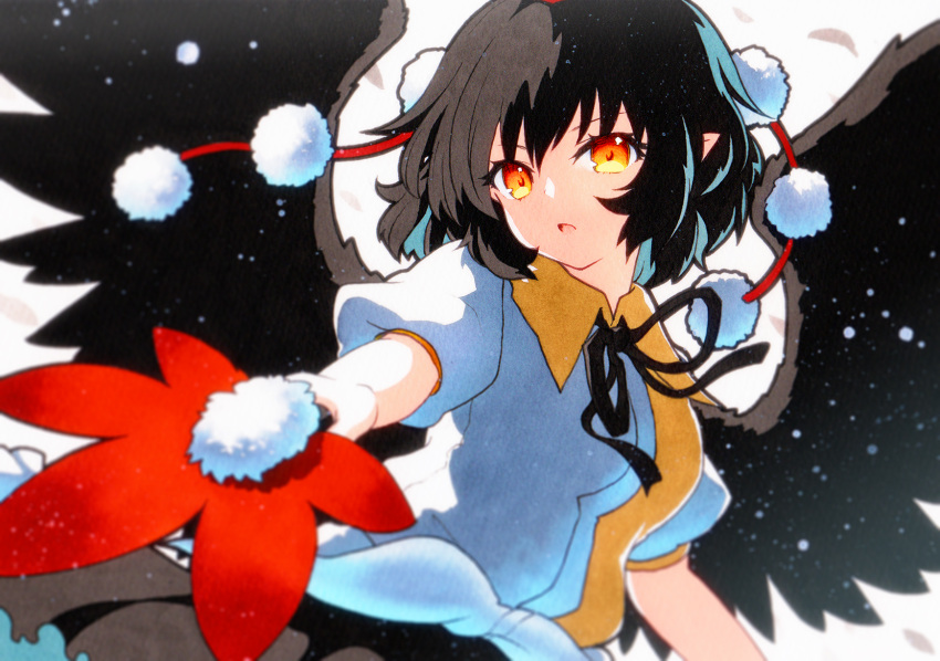 1girl bird_wings black_hair black_skirt black_wings feathered_wings hair_between_eyes hand_fan hat hauchiwa highres holding holding_fan open_mouth orange_eyes pointy_ears pom_pom_(clothes) puffy_short_sleeves puffy_sleeves qqqrinkappp red_headwear shameimaru_aya shirt short_hair short_sleeves skirt solo tokin_hat touhou upper_body white_shirt wings