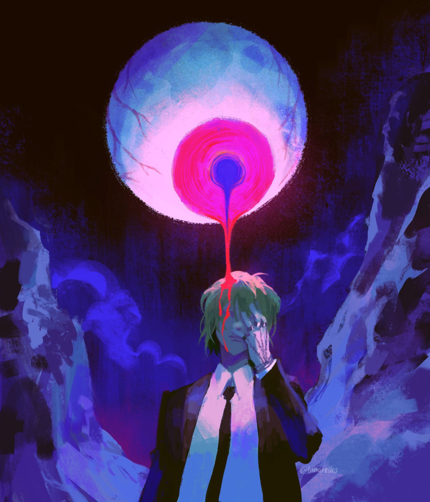 1boy bangs black_jacket black_necktie blonde_hair blood blue_background chain collared_shirt commentary covered_face english_commentary eyeball facing_viewer formal frown hand_on_own_face hand_up highres hunter_x_hunter jacket jewelry kurapika long_sleeves lunarelles male_focus melting multiple_rings necktie ring shirt short_hair smoke solo suit twitter_username upper_body veins white_shirt
