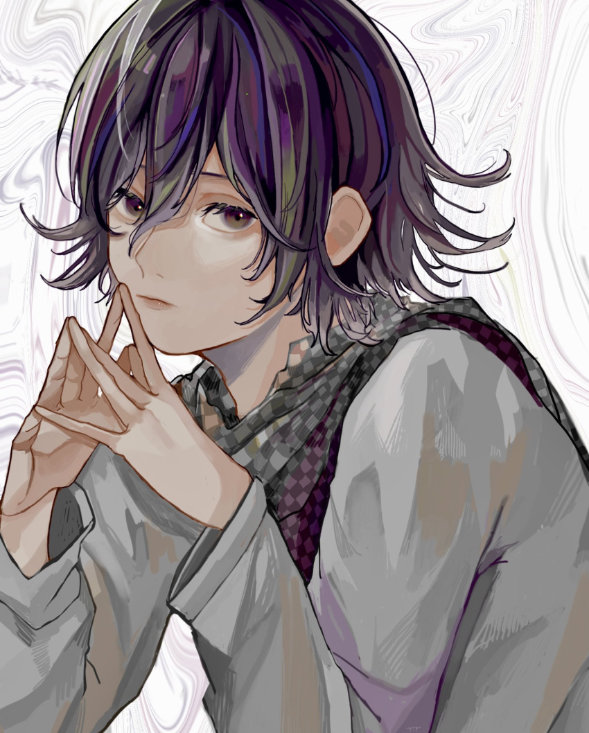 1boy bangs black_sclera brown_eyes checkered_clothes checkered_scarf closed_mouth colored_sclera commentary_request danganronpa_(series) danganronpa_v3:_killing_harmony flipped_hair grey_jacket grey_scarf hair_between_eyes hands_up highres jacket male_focus multicolored_hair ouma_kokichi own_hands_together purple_hair sasaki_(onaka_suita8989) scarf shiny shiny_hair short_hair simple_background solo upper_body white_background