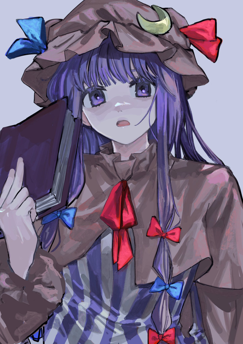 1girl blue_bow blue_ribbon book bow crescent crescent_hat_ornament dress gotagotay hat hat_ornament highres holding holding_book long_hair mob_cap patchouli_knowledge purple_hair red_bow red_ribbon ribbon solo striped striped_dress touhou vertical-striped_dress vertical_stripes violet_eyes