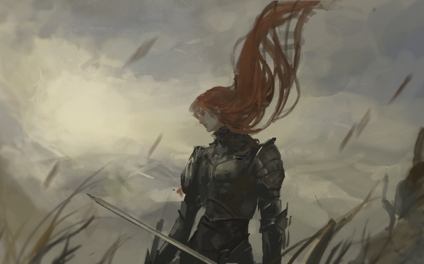 1boy armor battlefield black_armor chinese_commentary clouds commentary_request full_armor ganbuganrangwochumeilin grass highres holding holding_sword holding_weapon long_hair looking_afar lord_of_the_mysteries medici_(lord_of_the_mysteries) pollution red_eyes redhead solo sun sunset sword weapon wind