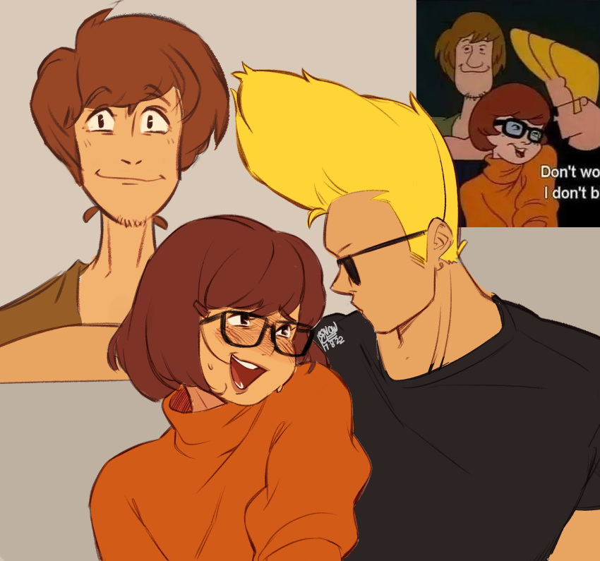1girl 2boys absurdres blonde_hair blush brown_eyes brown_hair crossover facial_hair glasses green_shirt highres johnny_bravo johnny_bravo_(series) multiple_boys open_mouth photo-referenced scooby-doo shaggy_rogers shirt snowcie velma_dace_dinkley