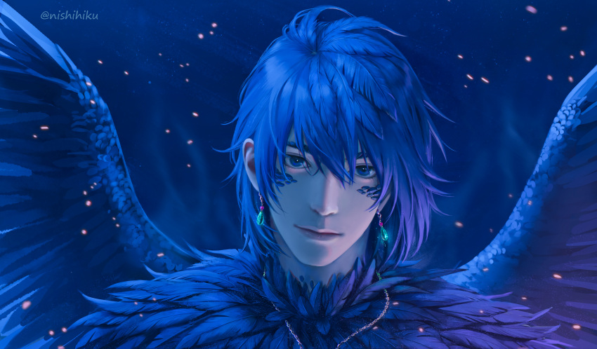 1boy absurdres artist_name bangs bird_boy blue_background blue_eyes blue_hair blue_theme blue_wings chain_necklace closed_mouth commentary earrings english_commentary facial_mark feather_hair feathered_wings feathers floating_hair glowing hair_over_eyes head_tilt highres howl_(howl_no_ugoku_shiro) howl_no_ugoku_shiro jewelry light_particles lips looking_at_viewer male_focus monster_boy necklace nishihiku portrait scales short_hair smile solo twitter_username wings