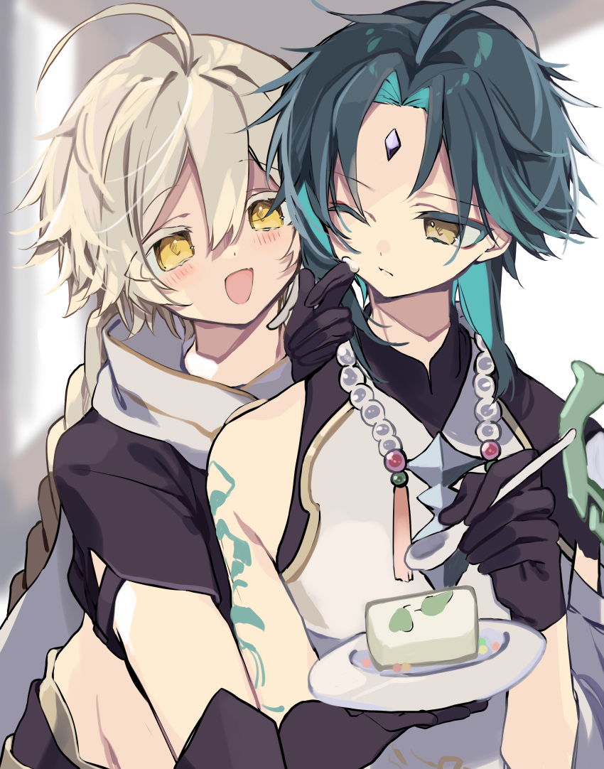 2boys 52hz_mayday absurdres aether_(genshin_impact) ahoge arm_tattoo bangs bead_necklace beads black_gloves black_shirt blonde_hair braid cake crop_top diamond_(shape) eating facial_mark food forehead_mark genshin_impact gloves green_hair hair_between_eyes highres holding holding_plate holding_spoon jewelry long_hair looking_at_another male_focus multicolored_hair multiple_boys necklace open_mouth orange_eyes parted_bangs plate shirt short_hair single_braid spoon tattoo two-tone_hair xiao_(genshin_impact) yellow_eyes