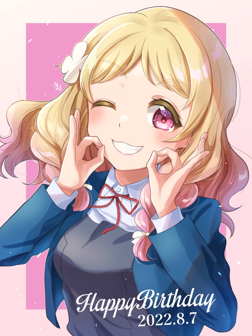 1girl absurdres bangs birthday blonde_hair blush braid breasts commentary dated double_ok_sign flower gradient_hair grin hair_flower hair_ornament happy_birthday highres kyaku_tatsu long_hair looking_at_another looking_at_viewer love_live! love_live!_superstar!! medium_breasts multicolored_hair one_eye_closed onitsuka_natsumi pink_hair red_eyes school_uniform shiny shiny_hair signature smile twin_braids upper_body yuigaoka_school_uniform