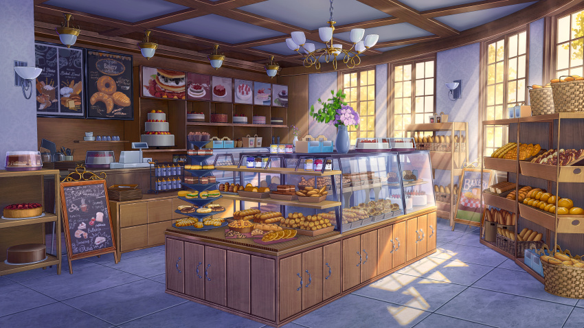 absurdres backlighting bakery bread cake cash_register commentary_request english_commentary flower flower_pot food highres indoors mixed-language_commentary no_humans original planetariangaolin scenery shadow shop window