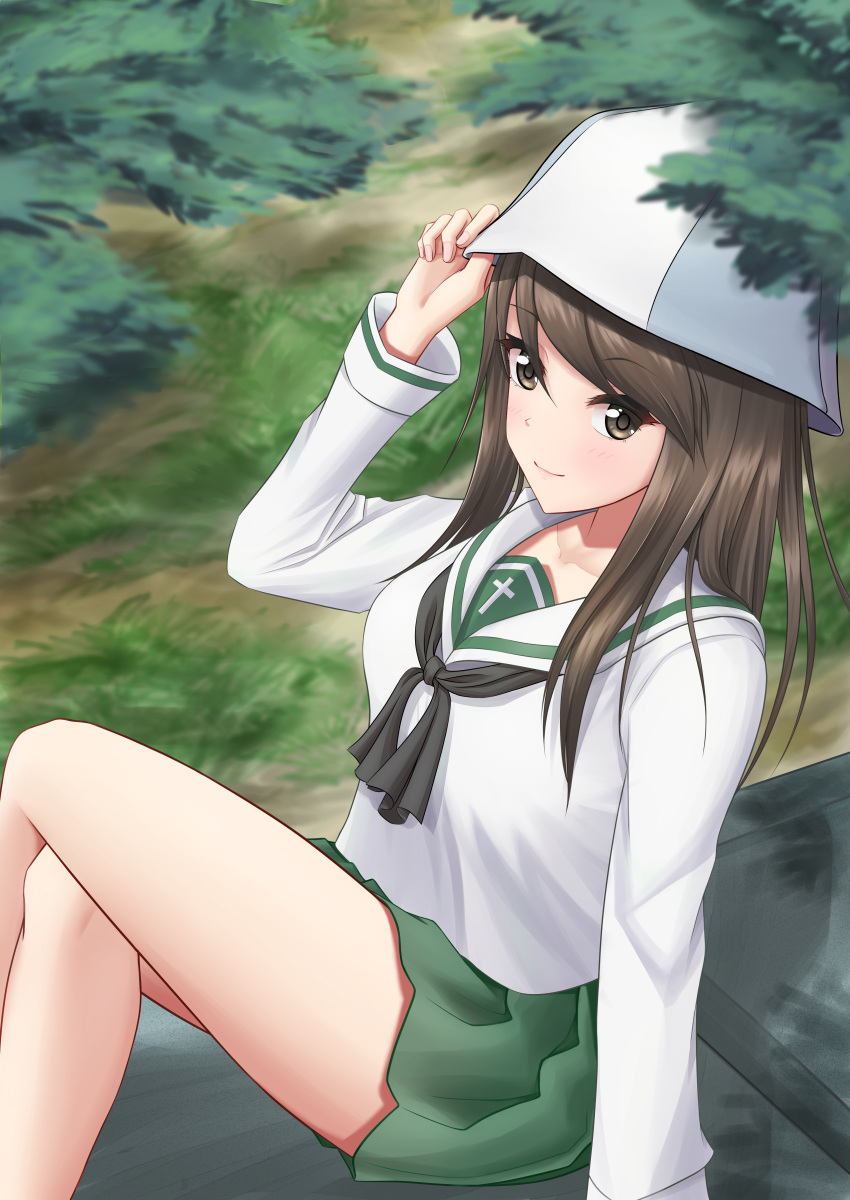 1girl absurdres adjusting_clothes adjusting_headwear alternate_costume bangs black_neckerchief blouse blue_headwear blurry blurry_background blurry_foreground brown_eyes brown_hair closed_mouth commentary crossed_legs day depth_of_field girls_und_panzer green_skirt highres long_hair long_sleeves looking_at_viewer mika_(girls_und_panzer) miniskirt neckerchief on_vehicle ooarai_school_uniform outdoors pleated_skirt prefecture54 sailor_collar school_uniform serafuku shirt sitting skirt smile solo tulip_hat white_sailor_collar white_shirt